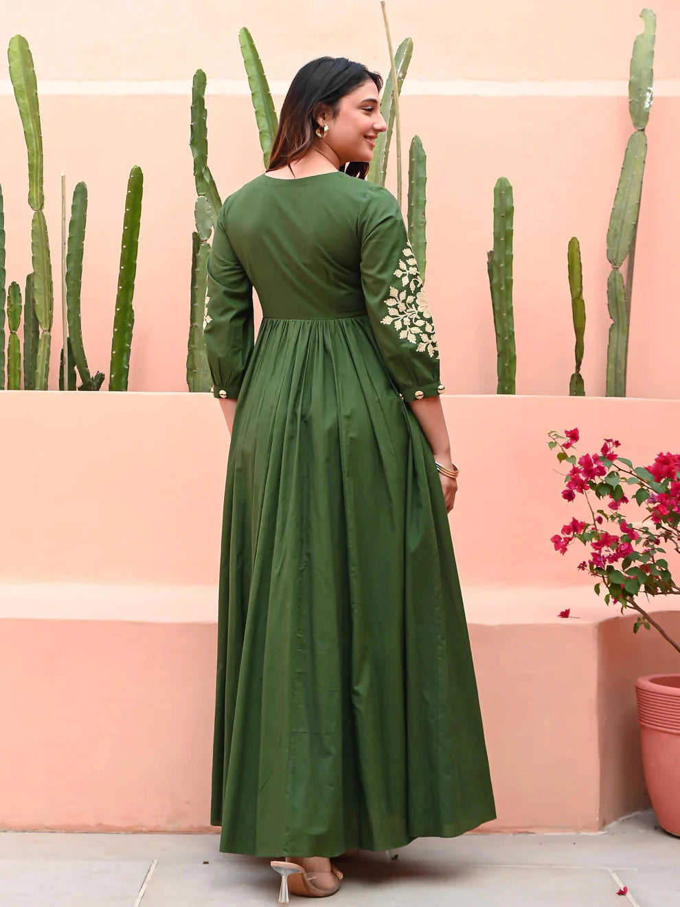 Zehra Olive Bloom Cotton Anarkali Gown