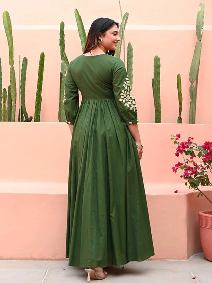Zehra Olive Bloom Cotton Anarkali Gown