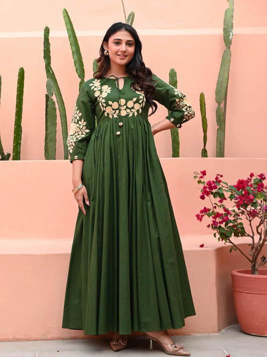 Zehra Olive Bloom Cotton Anarkali Gown