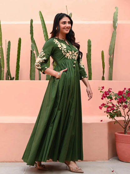 Zehra Olive Bloom Cotton Anarkali Gown