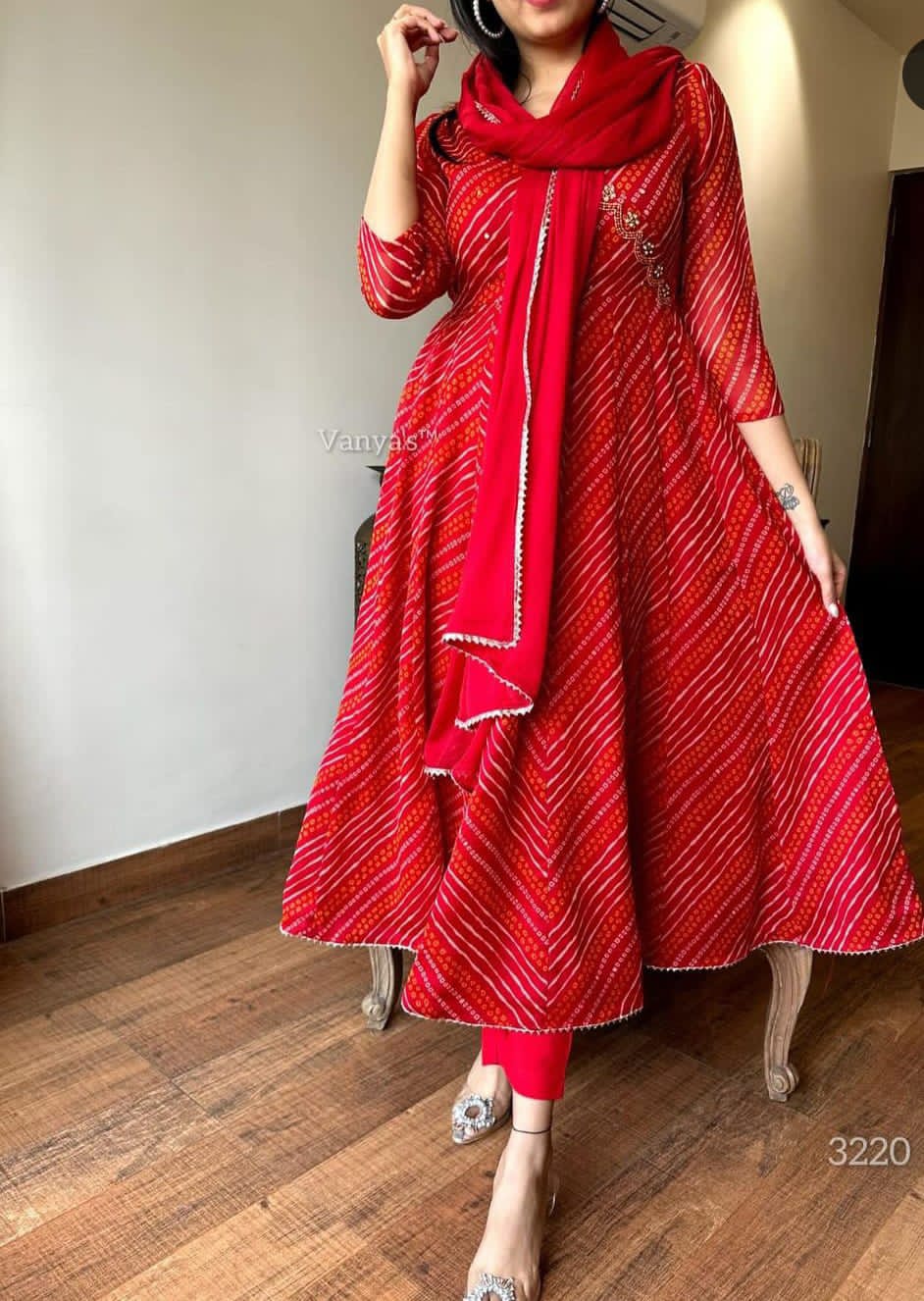 Gulzar Rayon Red Bandhani Suit Set
