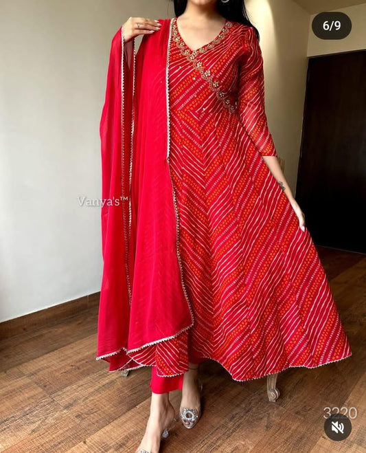 Gulzar Rayon Red Bandhani Suit Set