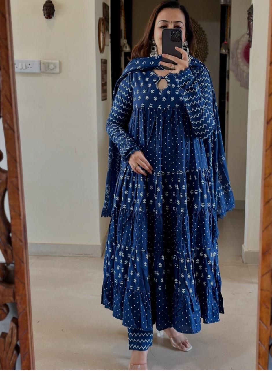 Blue Zara Cotton Anarkali Set – Ethnic Elegance in Indigo