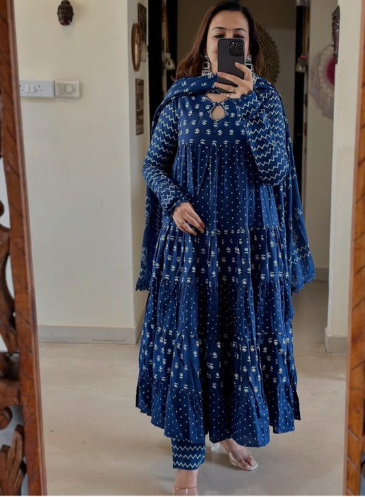 Blue Zara Cotton Anarkali Set – Ethnic Elegance in Indigo