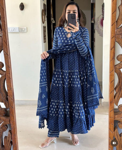Blue Zara Cotton Anarkali Set – Ethnic Elegance in Indigo
