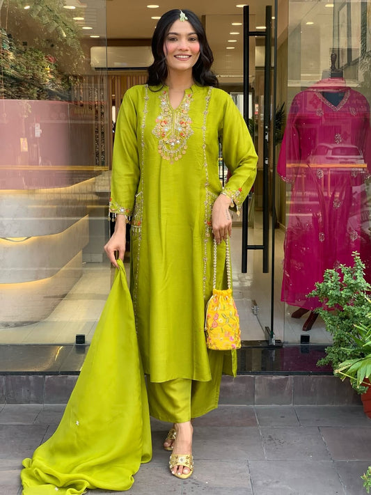 Lime Glow Embroidered Elegance Suit Set