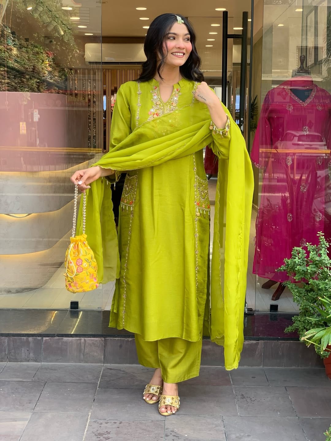 Lime Glow Embroidered Elegance Suit Set