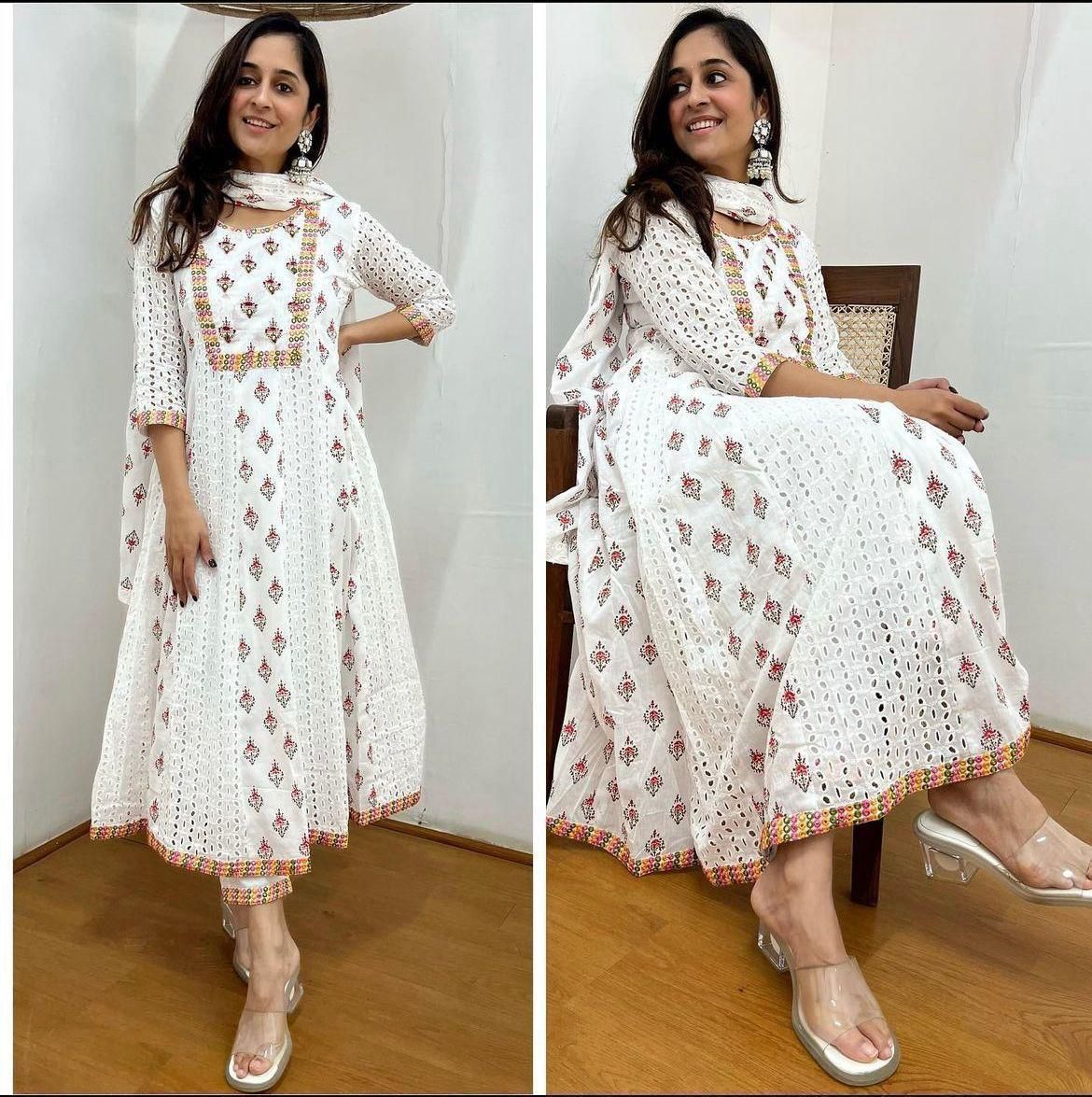 Noorjahan Ivory Chikankari Mirror Anarkali Set