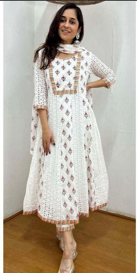 Noorjahan Ivory Chikankari Mirror Anarkali Set