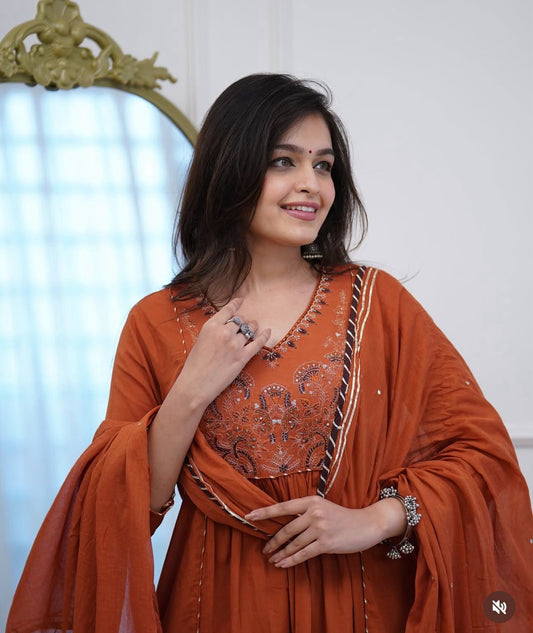 Noorika Rust Ghera Cotton Suit Set
