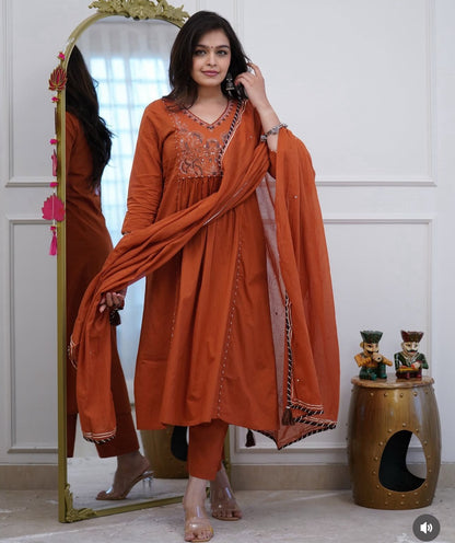 Noorika Rust Ghera Cotton Suit Set