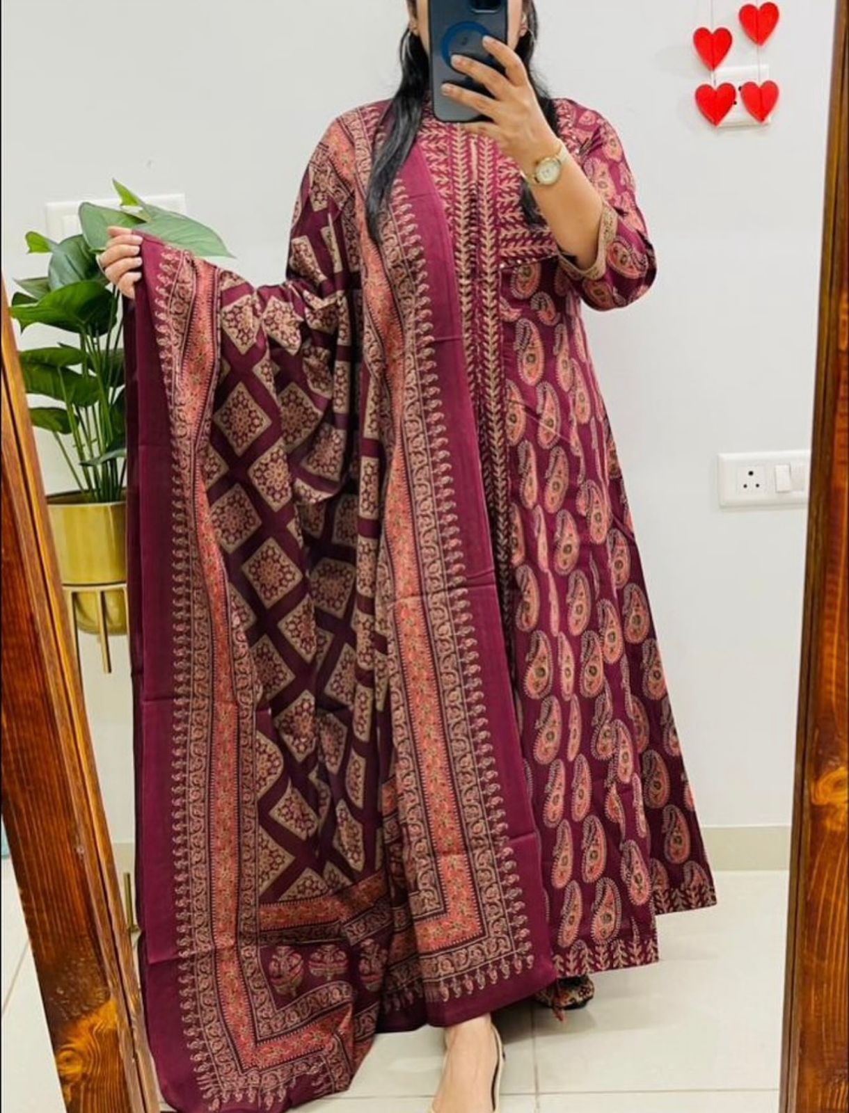 Zarqa Wine Royale Ajrakh Anarkali Set