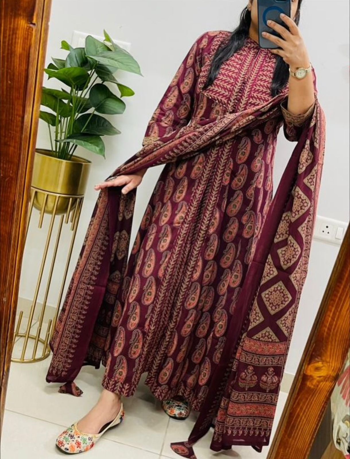 Zarqa Wine Royale Ajrakh Anarkali Set