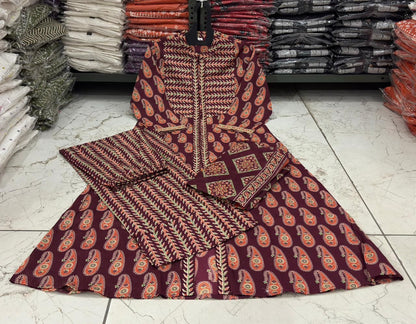 Zarqa Wine Royale Ajrakh Anarkali Set