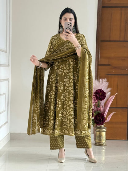 Olive Gulnaar Anarkali Suit Set