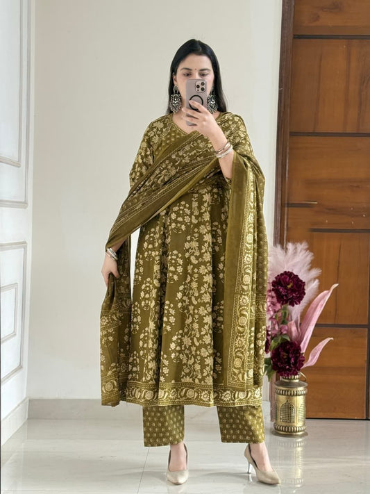 Olive Gulnaar Anarkali Suit Set