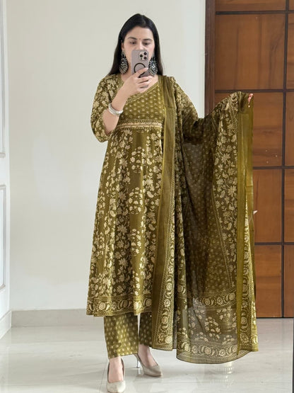 Olive Gulnaar Anarkali Suit Set