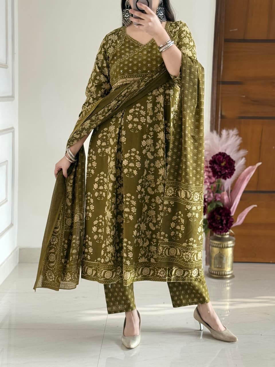 Olive Gulnaar Anarkali Suit Set