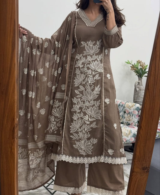 Mehfil Brown Kashida Cotton Suit Set
