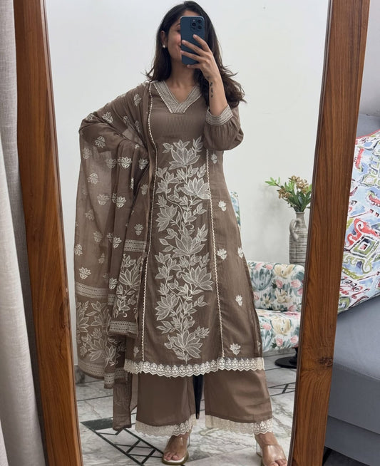 Mehfil Brown Kashida Cotton Suit Set
