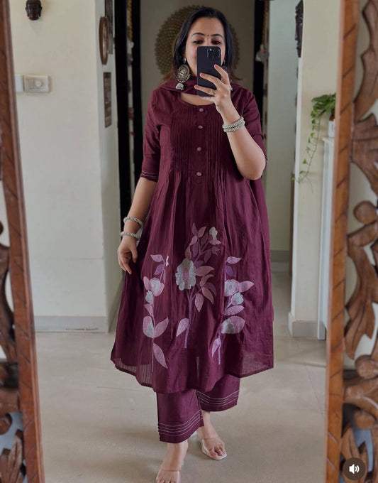 Gulraaz Wine Kashida Cotton Suit Set