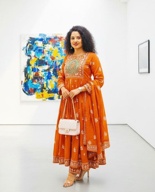 Rust Kalika Embroidered Cotton Suit Set